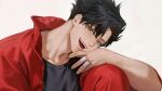  1boy adam&#039;s_apple arm_on_knee bandaged_fingers bandages black_hair black_shirt chohyojeong collarbone collared_jacket commentary_request crew_neck curtained_hair haikyuu!! highres jacket knee_up korean_commentary kuroo_tetsurou looking_to_the_side male_focus open_clothes open_jacket open_mouth pants red_jacket red_pants sharp_teeth shirt short_hair sideways_glance solo t-shirt teeth tongue unzipped white_background yellow_eyes zipper 