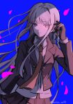  1girl artist_name black_gloves black_jacket black_ribbon blue_background brown_necktie collared_shirt danganronpa:_trigger_happy_havoc danganronpa_(series) frown fuku_sa gloves grey_hair grey_shirt hand_up highres jacket kirigiri_kyoko long_hair long_sleeves miniskirt necktie open_clothes open_jacket petals pink_eyes pleated_skirt ribbon shirt simple_background skirt smile solo 