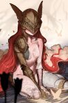  1girl absurdres amputee armor blush boots breasts bug butterfly closed_mouth collarbone commentary covered_eyes ekrea_jan elden_ring flower full_body grey_boots helmet helmet_over_eyes highres long_hair malenia_blade_of_miquella malenia_goddess_of_rot medium_breasts prosthesis prosthetic_arm prosthetic_leg red_hair simple_background single_thigh_boot sitting solo thigh_boots triple_amputee very_long_hair visor_(armor) water white_background winged_helmet 