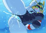  1girl anus black_one-piece_swimsuit blush breasts censored character_request clothing_aside colored_skin copyright_request covered_nipples female_ejaculation green_eyes grey_skin large_breasts mosaic_censoring one-piece_swimsuit pochincoff pussy pussy_juice robot_girl rolling_eyes solo swimsuit swimsuit_aside underwater 