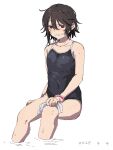  1girl bare_shoulders black_hair black_one-piece_swimsuit blush collarbone covered_navel dated hair_between_eyes highres looking_at_viewer momijiyama_teru one-piece_swimsuit red_eyes short_hair shy_(series) simple_background sitting smile solo swimsuit takatisakana teeth water wet white_background 