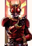  1boy arcle_(kuuga) armor belt black_bodysuit bodysuit breastplate burmeoburmeo compound_eyes gloves gold_horns heisei helmet horns kamen_rider kamen_rider_kuuga kamen_rider_kuuga_(series) kuuga_(mighty) looking_at_viewer male_focus mask red_armor red_eyes rider_belt shoulder_armor solo standing tokusatsu upper_body 