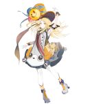  1girl absurdres arm_up armpits bang_dream! blonde_hair dress full_body gloves grey_shoes grey_wrist_cuffs halo_(yumenokessho) hat highres official_art orange_hat pantyhose shoes simple_background smiley_face solo synthesizer_v top_hat tsurumaki_kokoro white_background white_gloves white_pantyhose wrist_cuffs yellow_eyes yonemuro yumenokessho 