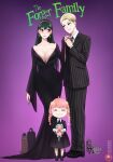  2girls 4boys absurdres addams_family anya's_heh_face_(meme) anya_(spy_x_family) artist_name black_dress black_hair black_hat black_jacket black_lips black_pants black_robe black_socks black_suit blonde_hair blue_eyes blush bobby_socks bond_(spy_x_family) breasts brown_hair cleavage cosplay cousin_it cousin_it_(cosplay) damian_desmond director_chimera_(spy_x_family) dismaiden dog dress earrings electric_chair english_commentary facial_hair family franky_franklin full_body gold_hairband gomez_addams gomez_addams_(cosplay) grin hairband hairpods halloween hat highres holding_hands jacket jewelry large_breasts long_hair mary_janes meme morticia_addams morticia_addams_(cosplay) multiple_boys multiple_girls mustache pant_suit pants patreon_logo patreon_username pink_hair pinstripe_jacket pinstripe_pants pinstripe_pattern pugsley_addams pugsley_addams_(cosplay) red_eyes robe shirt shoes smile socks spy_x_family standing striped_clothes striped_shirt suit suit_jacket teeth thing_(addams_family) twilight_(spy_x_family) uncle_fester uncle_fester_(cosplay) very_long_hair wednesday_addams wednesday_addams_(cosplay) white_dog yor_briar yuri_briar 