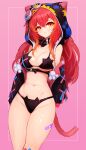  1girl animal_hood bandaid bandaid_on_leg bare_shoulders bikini black_bikini blush breasts cat_ear_bikini cat_hood cat_tail cleavage collarbone commentary_request cowboy_shot goggles goggles_on_head gradient_hair groin highres hood large_breasts long_hair long_sleeves looking_at_viewer multicolored_hair navel nekota_tsuna notte open_clothes open_mouth orange_eyes orange_hair pink_background pom_pom_(clothes) red_hair simple_background solo swimsuit tail unzipped virtual_youtuber vspo! 