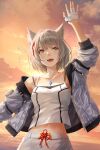  1girl :d animal_ear_fluff animal_ears arm_up backlighting braid breasts camisole cat_ears chest_jewel cloud collarbone commentary_request core_crystal_(xenoblade) evening fingerless_gloves gloves grey_hair highres jacket long_sleeves looking_at_viewer midriff_peek mio_(xenoblade) navel ocean off_shoulder open_clothes open_jacket open_mouth orange_eyes orange_sky outdoors redpoke short_hair side_braid single_bare_shoulder skirt sky small_breasts smile solo sunset unzipped waving white_camisole white_gloves white_jacket white_skirt xenoblade_chronicles_(series) xenoblade_chronicles_3 zipper 