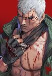  1boy abs absurdres bandana bandana_around_neck bare_pectorals black_gloves blood blood_on_body blood_on_face blood_on_gloves blue_eyes bryan_fury collarbone commentary_request cuts fingerless_gloves gloves green_jacket highres injury jacket korean_commentary looking_to_the_side male_focus nipples open_clothes open_jacket parted_lips pectorals red_background scar scar_across_eye scar_on_chest scar_on_face short_hair sideburns sideways_glance signature simple_background solo tekken unzipped upper_body very_short_hair white_hair yi_lee zipper 