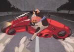 akira_(manga) akira_slide animal_ears bad_link bicycle building city cityscape cosplay cow cow_ears cow_hat cow_horns cow_tail danilo_vaz drifting dust_cloud highres highway horns kaneda_shoutarou&#039;s_bike kaneda_shoutarou_(akira) kaneda_shoutarou_(akira)_(cosplay) mario_(series) moo_moo_(mario) motor_vehicle motorcycle nose_piercing nose_ring on_motorcycle outdoors parody piercing poster_parody riding riding_bicycle road scene_reference scenery skid_mark sky skyscraper sliding street tail udder wild_wiggler 