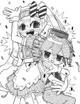  2girls apron blush bow confetti cowboy_shot dress drill_hair gloves greyscale hand_up hat hatching_(texture) hatsune_miku kasane_teto long_hair looking_at_viewer mesmerizer_(vocaloid) millipen_(medium) monochrome multiple_girls oounabara_shirasu open_mouth pants pen_(medium) sharp_teeth shirt short_dress short_sleeves smile smiley_face striped_bow striped_clothes striped_dress striped_shirt sweat teeth tongue tongue_out traditional_media twin_drills twintails utau vocaloid waist_apron white_background wrist_cuffs 