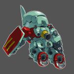  beam_rifle chibi energy_gun english_commentary from_behind full_body fusion gm_(mobile_suit) grey_background gun gundam highres holding holding_gun holding_weapon looking_at_viewer mecha mobile_suit mobile_suit_gundam no_humans robot science_fiction sd_gundam shield signature solo thrusters toilobo weapon zudah 