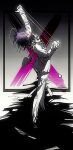  1boy angel_wings black_hair black_liquid checkered_clothes checkered_scarf commentary danganronpa_(series) danganronpa_v3:_killing_harmony detached_wings flipped_hair from_behind full_body hair_between_eyes halo high_contrast highres holding holding_string knife long_sleeves looking_at_viewer low_wings male_focus medium_hair oma_kokichi pants purple_eyes purple_hair saturated scarf solo spot_color standing string string_around_finger thigh_strap two-tone_scarf wings yukii_masako 