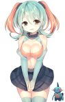  1girl black_eyes black_skirt breasts brown_hair cleavage detached_sleeves green_hair kuro_guren large_breasts looking_at_viewer marshtomp medium_hair own_hands_together personification pokemon pokemon_(creature) simple_background skirt solo standing thighhighs two_side_up white_background 