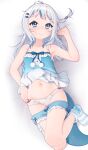 1girl absurdres armpit_crease armpits babydoll bare_arms blue_babydoll blue_bow blue_eyes blue_hair blue_shorts bow bow_legwear bow_panties closed_mouth clothes_pull flat_chest food_print frilled_panties frilled_shorts frills fruit_print gawr_gura grey_hair highres hololive hololive_english horizontal-striped_socks knee_up legs looking_at_viewer lucasyecla99 lying medium_hair multicolored_hair navel on_back pajamas panties print_panties red_bow sheet_grab shorts shorts_pull smile socks solo stomach strawberry_panties strawberry_print streaked_hair sweat two-tone_hair underwear virtual_youtuber 