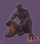  anthro big_penis black_body black_fur black_lips claws felid fur genitals hi_res huge_penis hyper hyper_genitalia hyper_penis lips long_claws longblueclaw male mammal muscular muscular_male orange_eyes penile_spines penis precum_drip solo 