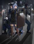  2020 arknights armor blue_hair blurred_background body_armor bottomwear clothing corin crouching female footwear group hair headgear helmet hi_res holding_gun holding_object holding_weapon horn horned_humanoid human humanoid legwear liskarm_(arknights) male mammal night not_furry outside police police_uniform red_eyes scarf shield shoes skirt spade_tail standing stockings uniform weapon 