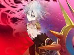  1boy blue_eyes blurry blurry_background blurry_foreground bodysuit closed_mouth collar cyawa depth_of_field earrings eyeshadow fate/apocrypha fate_(series) hair_between_eyes highres holding jewelry karna_(fate) looking_at_viewer makeup pale_skin red_background solo spiked_collar spikes white_hair 