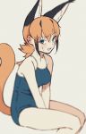  1girl absurdres alternate_costume bare_legs bare_shoulders between_legs black_hair blue_eyes blur blush caracal_(kemono_friends) caracal_ears caracal_girl caracal_tail commentary_request extra_ears eyebrows_visible_through_hair hand_between_legs highres kemono_friends long_hair mujirushi_illust multicolored_hair one-piece_swimsuit orange_hair school_swimsuit sidelocks sitting sleeveless solo spaghetti_strap sweatdrop swimsuit 
