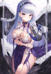  1girl absurdres azur_lane breasts cleavage closed_mouth collarbone cowboy_shot dido_(anxious_bisque_doll)_(azur_lane) dido_(azur_lane) dress feathered_wings feathers gloves hairband hand_on_own_thigh highres large_breasts long_hair looking_at_viewer pelvic_curtain purple_dress red_eyes silver_hair smile solo thighs wakum white_gloves wings 