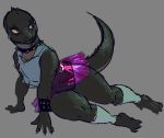  absurd_res anthro bottomwear clothing collar female glistening glistening_body greenpolygon hi_res pleated_skirt punk raised_tail scalie skirt solo studded_bracelet thick_thighs translucent translucent_clothing yellow_eyes 