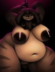  absurd_res anthro areola belly big_areola big_belly big_breasts breasts brown_areola brown_body brown_fur canid canine curvy_figure deep_navel female fur hi_res ikiki jackolin_(golden_deus) mammal monster navel nipples nude obese obese_anthro obese_female overweight overweight_anthro overweight_female solo stripper teeth thick_thighs voluptuous yellow_eyes 