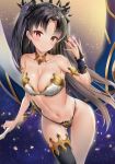  1girl armpits ass_visible_through_thighs bangs bare_shoulders between_fingers black_hair breasts collar fate/grand_order fate_(series) gold_trim groin hair_ribbon hand_up highres ishtar_(fate)_(all) ishtar_(fate/grand_order) kitin long_hair looking_at_viewer medium_breasts navel parted_bangs red_eyes revealing_clothes ribbon single_thighhigh solo stomach string_panties thighhighs thighs two_side_up very_long_hair 