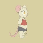  1:1 2019 anthro barefoot bottomwear clothed clothing fully_clothed fur head_tuft louart mammal midriff mouse murid murine pink_nose rodent shorts simple_background smile solo standing tuft 