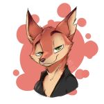  1:1 2020 anthro bust_portrait canid canine clothed clothing fox fur green_eyes half-closed_eyes hi_res looking_at_viewer louart mammal narrowed_eyes notched_ear pointedfox_(character) portrait shirt signature simple_background smile solo topwear 