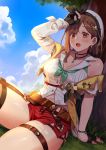 atelier_(series) atelier_ryza atelier_ryza_2 breasts brown_hair cleavage gloves highres jacket key_necklace leather leather_belt leather_gloves noriuma red_shorts reisalin_stout short_shorts shorts single_sidelock sitting sleeveless sleeveless_jacket thick_thighs thigh_strap thighs white_headwear yellow_jacket 