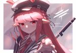  1girl arknights artist_name character_name close-up copyright_name ctiahao hat long_hair long_pointy_ears necktie open_hand pink_eyes pink_hair pointy_ears solo vigna_(arknights) 
