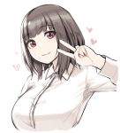  1girl breasts brown_hair closed_mouth collared_shirt eyebrows_visible_through_hair fingernails hand_up heart highres large_breasts looking_at_viewer original pink_eyes shirt short_hair simple_background smile solo sunaba_suzume upper_body v white_background white_shirt wing_collar 