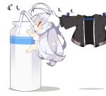  1girl antenna_hair bangs bare_arms bare_legs barefoot bendy_straw black_jacket blush bottle chibi clothes_pin commentary_request drinking drinking_straw hair_between_eyes highres jacket jacket_removed kizuna_akari long_hair long_sleeves milk milk_bottle milkpanda minigirl naked_towel profile puffy_long_sleeves puffy_sleeves shadow silver_hair solo towel towel_on_head translation_request very_long_hair voiceroid white_background |_| 