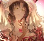  1girl backlighting bangs bare_shoulders black_hair breasts chest_tattoo cleavage collarbone dress facial_mark fate/extra fate/extra_ccc fate_(series) forehead_mark galibo horns large_breasts long_hair looking_at_viewer parted_bangs parted_lips sesshouin_kiara sideboob smile tattoo veil wavy_hair white_dress yellow_eyes 