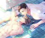  2boys arm_up black_hair brown_eyes eye_contact hand_around_neck hand_up index_finger_raised indoors looking_at_another lying male_focus multiple_boys nipples official_art on_back original ran_(artist) see-through shirt wet whistle white_shirt yaoi 