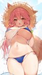  1girl :o animal_ears backlighting bikini bikini_under_clothes blue_bikini blue_sky blush breasts brown_eyes brown_headwear cowboy_shot day ears_through_headwear fang fate/grand_order fate_(series) food fox_ears fox_girl fox_tail from_below fruit groin highres large_breasts lifted_by_self long_hair looking_at_viewer looking_down muryotaro navel open_mouth orange_ribbon outdoors pink_hair ribbon see-through shirt shirt_lift side-tie_bikini skin_fang sky solo stomach strawberry sunlight swimsuit tail tamamo_(fate)_(all) tamamo_no_mae_(swimsuit_lancer)_(fate) thighs underboob very_long_hair wet wet_clothes wet_shirt white_shirt 