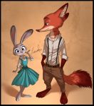  2020 anthro black_border border bottomwear brown_background canid canine clothed clothing disney dress duo female fox fully_clothed fur green_eyes grey_body grey_fur hi_res judy_hopps lagomorph leporid light lighting looking_at_another looking_at_viewer male mammal nick_wilde orange_body orange_fur pants purple_eyes rabbit red_fox relaxable relaxablefur shadow shirt signature simple_background smile standing topwear zootopia 