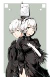  1boy 1girl absurdres android back-to-back black_dress black_jacket blindfold_removed blue_eyes ctpt9r dress eyebrows_visible_through_hair gloves hand_on_own_chest highres jacket looking_back looking_to_the_side looking_up nier_(series) nier_automata pod_(nier_automata) robot short_hair white_hair yorha_no._2_type_b yorha_no._9_type_s 