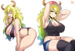  1girl =_= bikini black_bikini black_legwear black_tank_top blonde_hair blue_hair breasts cleavage closed_eyes denim denim_shorts dragon dragon_girl green_hair highres horns jmg kobayashi-san_chi_no_maidragon large_breasts leaning_forward multiple_views quetzalcoatl_(maidragon) shorts signature sitting smile swimsuit tank_top thighhighs thighs white_background 