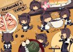  6+girls absurdres animal_ears black_headband bodysuit brown_hair cake chibi closed_eyes coffee commentary_request cup dog_ears dog_tail edel_(edelcat) food full_body hachimaki hair_flaps hatsuzuki_(kantai_collection) headband highres kantai_collection multiple_girls multiple_persona neckerchief pancake short_hair sitting table tail yellow_background 