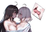  2girls ahoge aqua_eyes bangs bare_shoulders black_hair blush breasts cleavage collarbone commentary eye_contact from_side hair_between_eyes highres incest large_breasts looking_at_another multiple_girls open_mouth original red_eyes saliva saliva_trail shared_towel short_hair siblings silver_hair simple_background sisters straight_hair tongue tongue_out upper_body white_background yuri yurichtofen 
