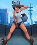  5_fingers 5_toes anthro barefoot blue_body blue_eyes blue_fur blue_hair bottomwear brand_new_animal breasts brown_body brown_fur building canid canine clothing day female fingers fluffy fluffy_tail fur gesture hair hi_res hotpants mammal michiru_kagemori one_eye_closed outside pawpads raccoon_dog seraziel shirt short_hair shorts simple_background sitting small_breasts solo studio_trigger tanuki toes tongue tongue_out topwear v_sign 