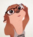  2020 anthro brown_body brown_eyes brown_fur clothed clothing eyewear female fur glasses lutrine mammal mustelid open_mouth ribbontini shirt signature simple_background solo tank_top topwear whiskers white_background 