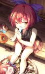  1girl bare_arms bare_legs black_shirt blue_bow bow bucket commentary_request cup disembodied_head drinking_glass eating fan food hair_bow highres holding holding_food imaizumi_kagerou isu_(is88) looking_at_viewer miniskirt one_eye_closed popsicle red_eyes red_hair red_skirt sekibanki shadow shirt short_hair sitting skirt soaking_feet solo sweat touhou water 