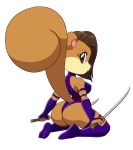  2020 anthro brown_eyes brown_hair buckteeth butt clothed clothing cosplay crossover crossover_cosplay digital_media_(artwork) dual_wielding eyelashes female hair hi_res holding_object holding_sword holding_weapon katana looking_back mammal marvel melee_weapon nickelodeon pink_nose psylocke rodent sandy_cheeks sciurid simple_background solo spongebob_squarepants sword tansau teeth tree_squirrel weapon white_background x-men 
