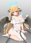  2020 absurd_res angel blonde_hair blush breasts chained cleavage clothed clothing collar corin feathered_wings feathers female hair halo hi_res humanoid kneeling looking_at_viewer red_eyes simple_background solo winged_humanoid wings 