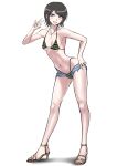  1girl akisora alternate_costume bare_arms bare_shoulders bikini black_bikini blush breasts brown_hair collarbone commentary_request danganronpa:_trigger_happy_havoc danganronpa_(series) female_pubic_hair full_body green_bikini grey_background grin hand_on_hip hand_tattoo hand_up high_heels highres ikusaba_mukuro jewelry legs_apart medium_breasts micro_shorts navel necklace open_clothes open_shorts pubic_hair purple_eyes shiny shiny_hair shiny_skin short_hair shorts simple_background smile standing swimsuit teeth w 