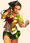  1girl alternate_costume asymmetrical_hair black_hair breasts brown_eyes cleavage collarbone electricity green_skirt hankuri jacket jewelry large_breasts laura_matsuda plaid plaid_skirt red_ribbon ribbon school_uniform shirt skirt sleeves_rolled_up smile solo street_fighter street_fighter_v thighs unbuttoned unbuttoned_shirt uniform upper_body white_shirt wristband yellow_jacket 