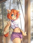  2019 anthro belt bottomwear breasts clothing detailed_background english_text eyebrows eyelashes felid female fur green_eyes hair inner_ear_fluff krakenparty light lion looking_at_viewer luna_(lightlion) mammal navel orange_hair outside pantherine porch shorts signature solo sunlight text traditional_media_(artwork) tree tuft 