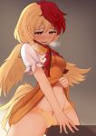  1girl bird_tail bird_wings blonde_hair blush breasts crotch_rub dress feathered_wings grey_background highres masturbation medium_breasts multicolored_hair nama_shirasu niwatari_kutaka orange_dress panties pussy_juice red_eyes red_hair red_neckwear shirt short_hair short_sleeves solo standing table table_sex touhou two-tone_hair underwear wings yellow_panties 