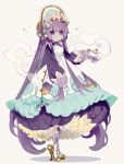  1girl @_@ bonnet closed_mouth cyawa dress eyebrows_visible_through_hair flower full_body high_heels highres holding long_dress long_hair long_sleeves looking_at_viewer maid oil_lamp original pantyhose purple_dress purple_eyes purple_hair rose solo standing very_long_hair white_background white_legwear 