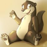  1:1 2019 anthro brown_body brown_fur chest_tuft featureless_crotch full-length_portrait fur head_tuft light lighting looking_at_viewer louart lutrine mammal mustelid nude open_mouth open_smile pawpads portrait shadow sitting smile solo tuft 